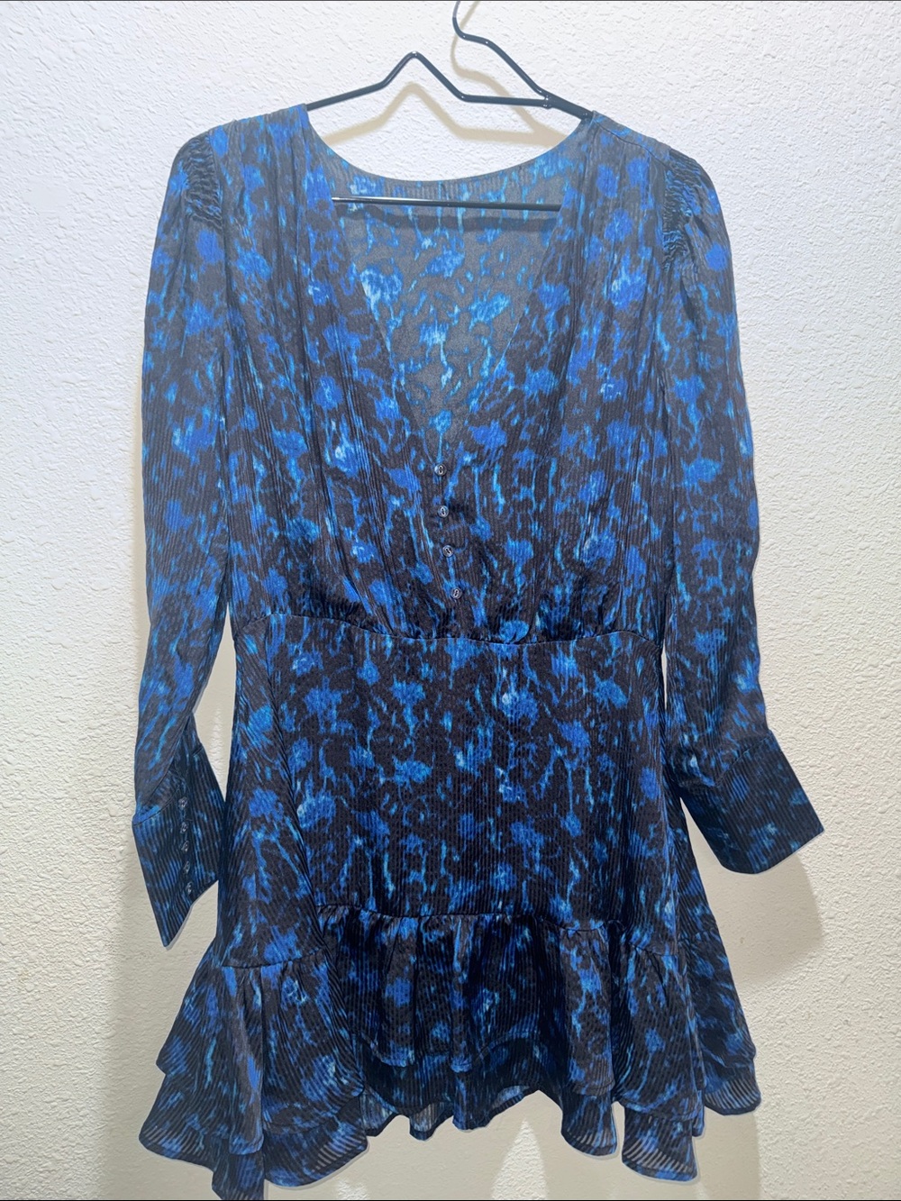 Blue Floral Long-Sleeve Tiered Women's Dress
